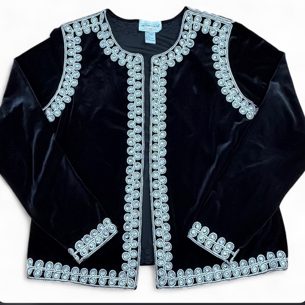 Victor Costa Black Velvet Embellished Jacket L Rhinestone Party Festival